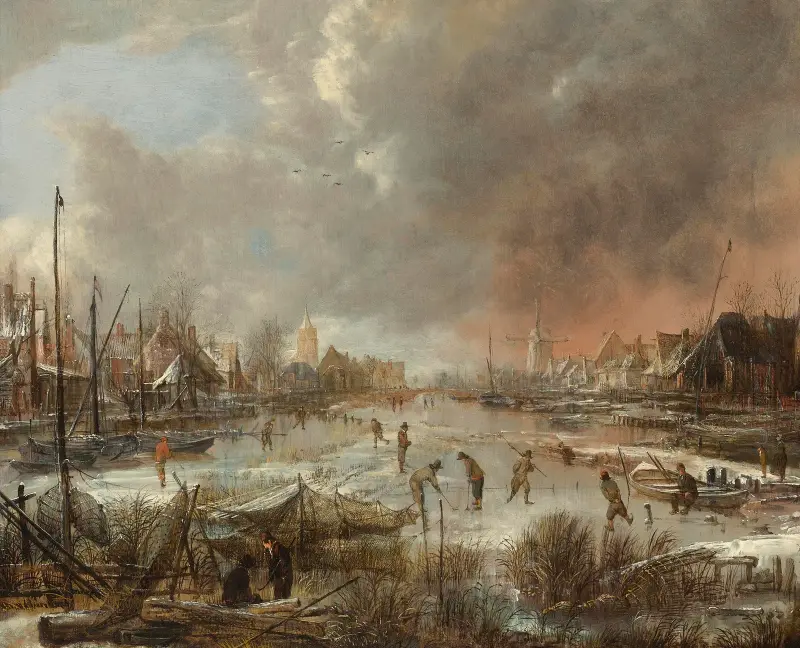 Winterlandschaft mit Sportsleuten auf einem zugefrorenen Fluss von Aert van der Neer