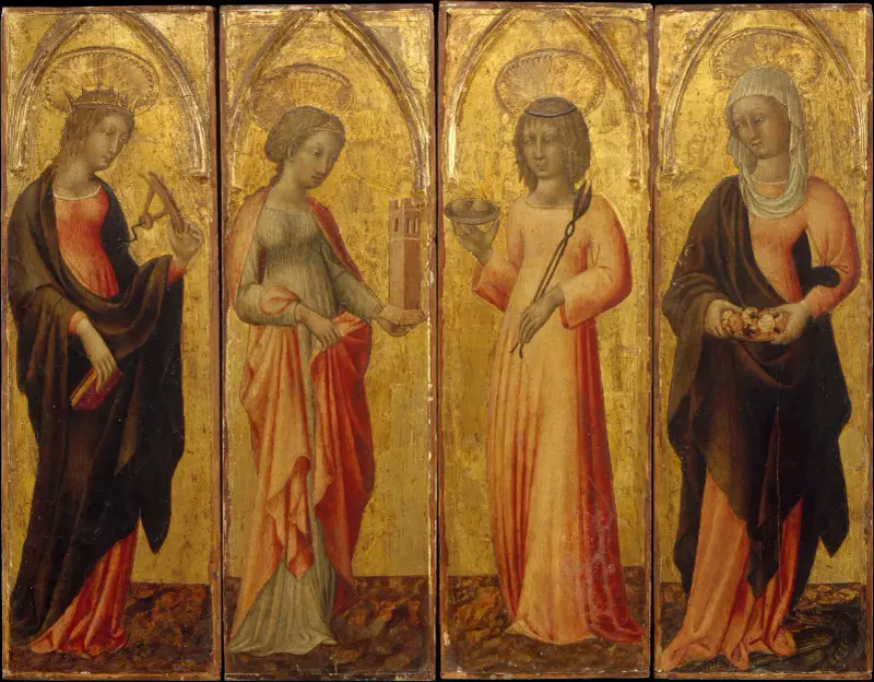 Helgonen Katarina av Alexandria, Barbara, Agata och Margareta av Giovanni di Paolo