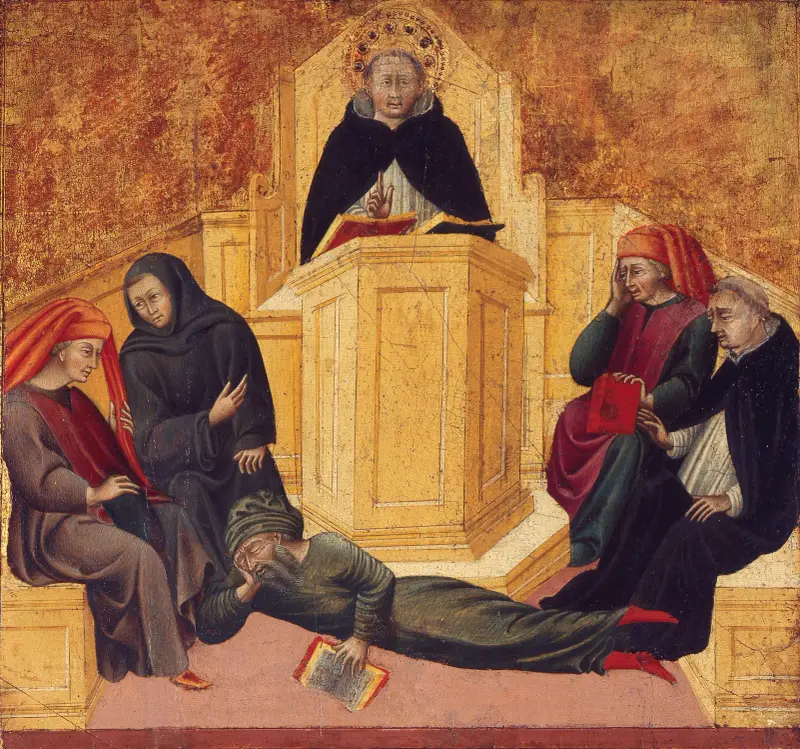 St. Thomas Aquinas Confounding Averroës av Giovanni di Paolo