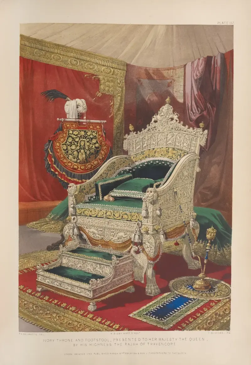 Elfenbenstron och fotpall, överlämnad till hennes majestät drottningen av hans höghet rajan av Travancore av Matthew Digby Wyatt