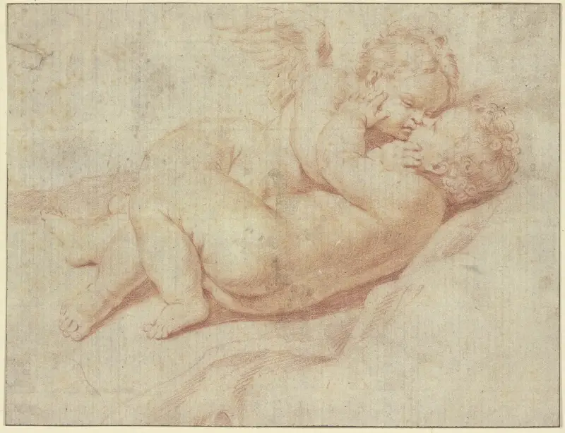 Zwei einander umarmende Amoretten von Domenichino