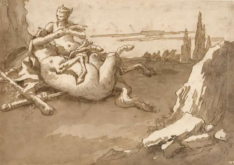 En kentaur och en kvinnlig faun i ett landskap av Giovanni Domenico Tiepolo