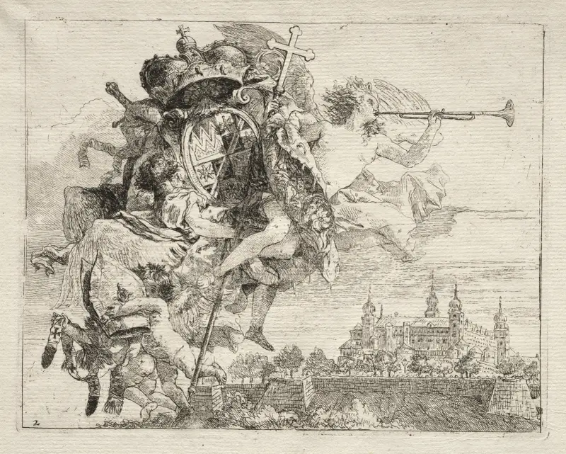 Widmung mit geflügelter Figur des Ruhms, das Wappen des Fürstbischofs von Würzburg tragend von Giovanni Domenico Tiepolo
