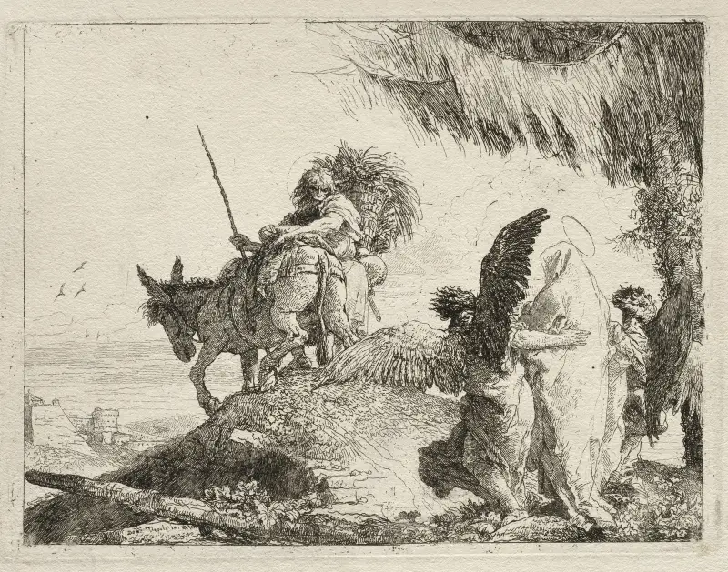 Flykten med Madonnan till höger, stödd av änglar av Giovanni Domenico Tiepolo