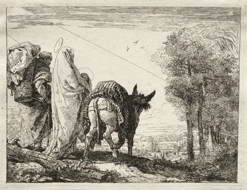 Den heliga familjen på väg mot en by av Giovanni Domenico Tiepolo