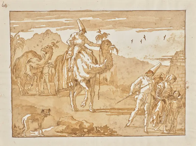 Der Punchinello reitet auf einem Kamel an der Spitze einer Karawane von Giovanni Domenico Tiepolo