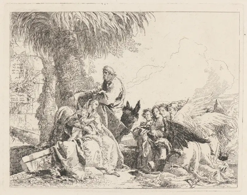 Ruhe auf der Flucht mit anbetenden Engeln von Giovanni Domenico Tiepolo