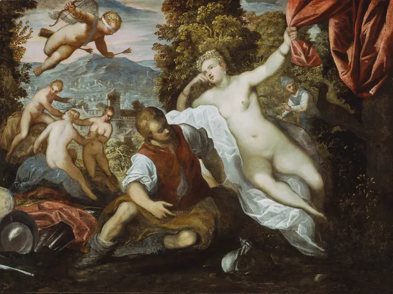 Venus och Mars med Cupido och de tre gracerna i ett landskap av Domenico Tintoretto