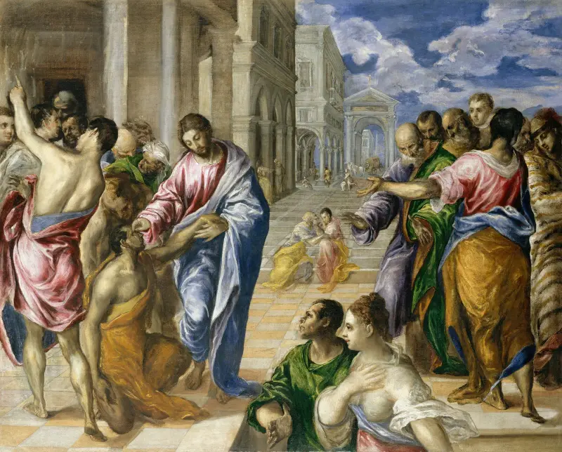 Kristus botar den blinde av El Greco (Domenikos Theotokopoulos)