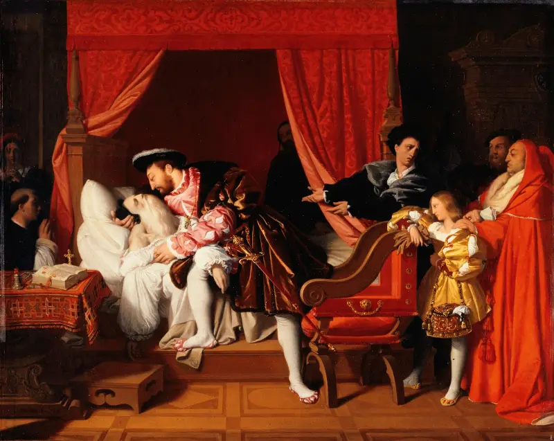 Frans I tar emot Leonardo da Vincis sista suckar av Jean Auguste Dominique Ingres