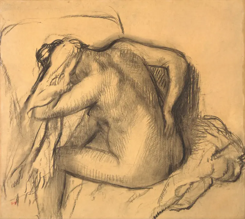 Efter badet, kvinna som torkar sitt hår av Edgar Degas