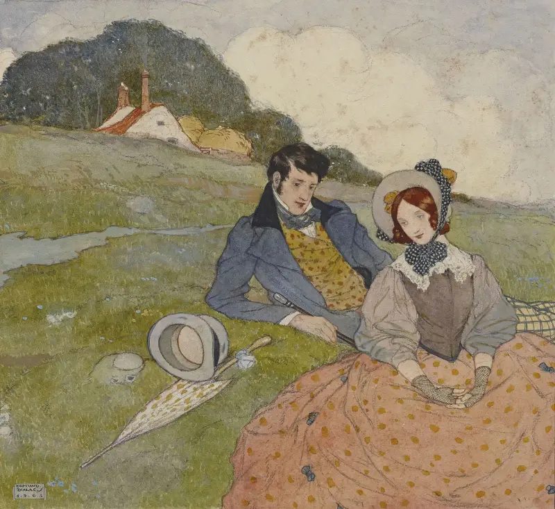 Ett par sittande i ett lantligt landskap av Edmund Dulac