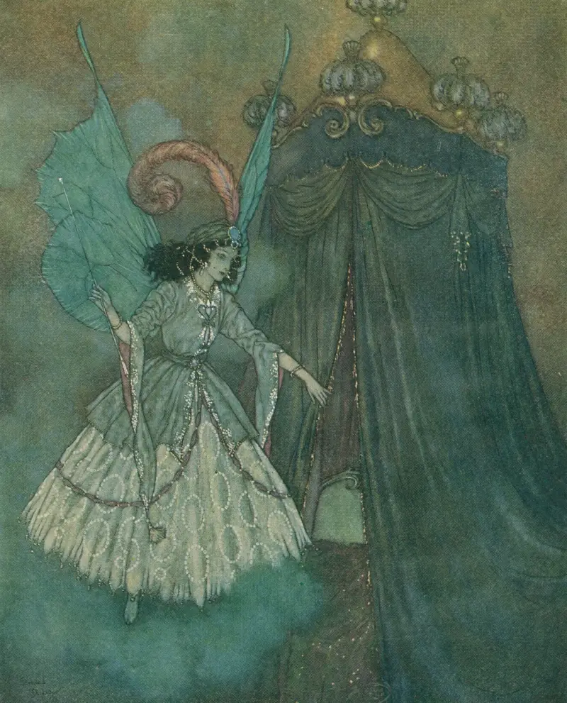 Han fann sig ansikte mot ansikte med en ståtlig och vacker dam. av Edmund Dulac