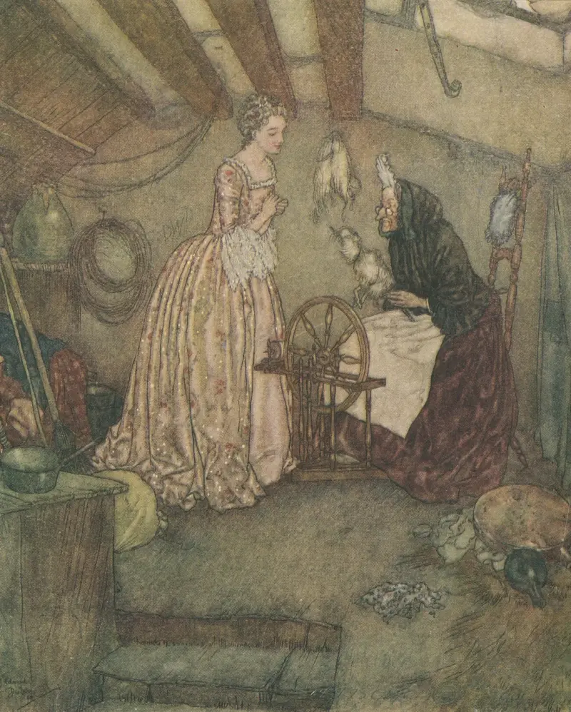 Törnrosa ser en gammal kvinna spinna av Edmund Dulac