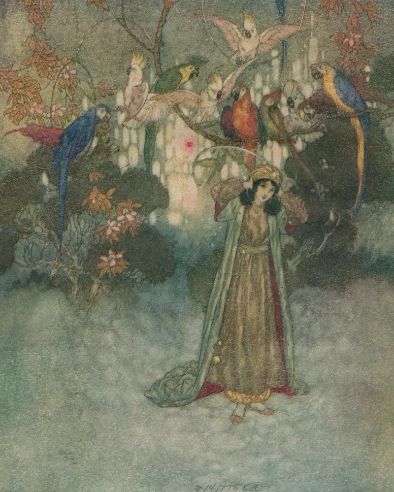 Knappt hade de sett Skönheten förrän de började skrika och tjattra. av Edmund Dulac