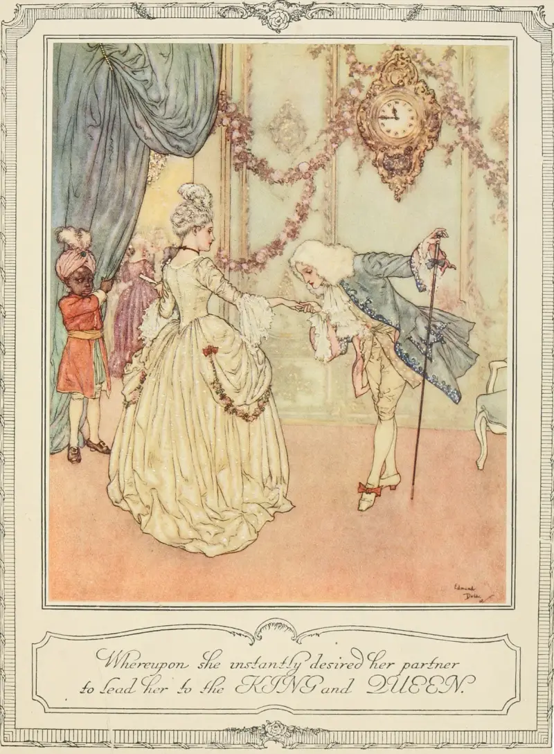 Worauf sie sogleich ihren Begleiter bat, sie zum König und zur Königin zu führen von Edmund Dulac