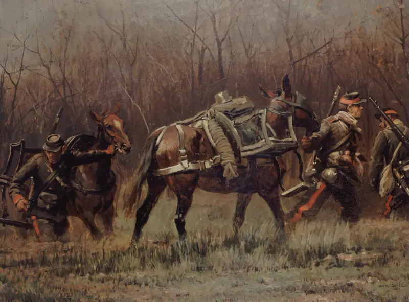 Militärscen; mulåsnor med ambulansfordon (fragment av Champigny-panoramat) av Jean-Baptiste Édouard Detaille