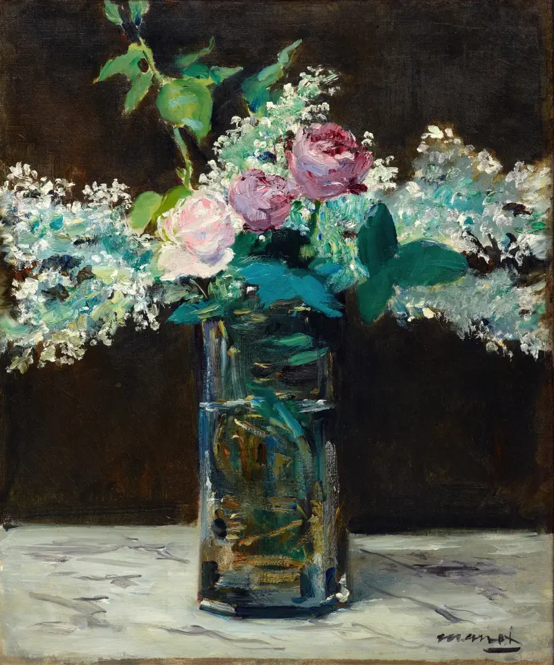 Vas med vita syrener och rosor av Édouard Manet