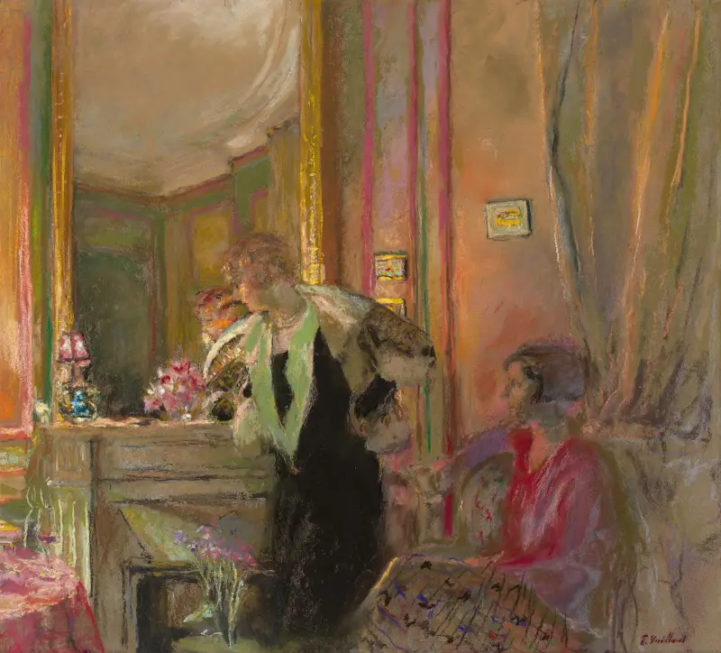 Gabrielle Jonas och hennes dotter Irène Montanet framför kaminen av Édouard Vuillard