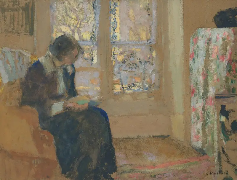 Ung kvinna som läser, Lucie Belin hemma hos sig av Édouard Vuillard