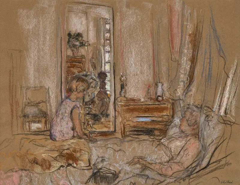 Lulu vid Madame Hessels säng på slottet Les Clayes av Édouard Vuillard