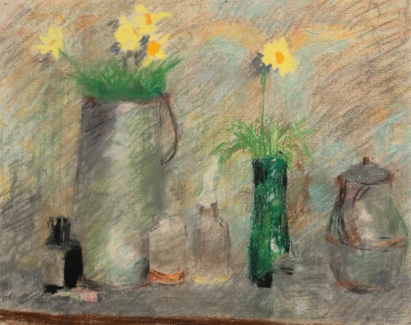 Stilleben med blommor och flaska av Édouard Vuillard