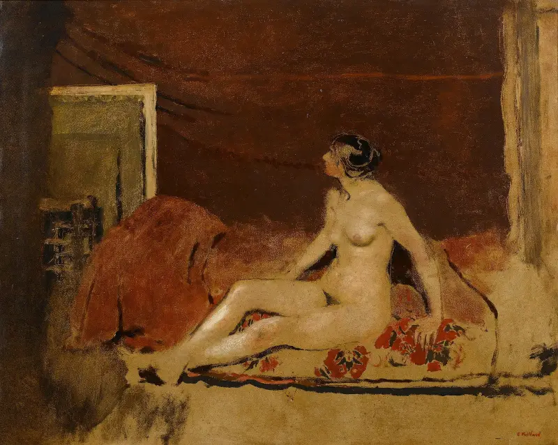 Akt på en filt med rött blommönster av Édouard Vuillard