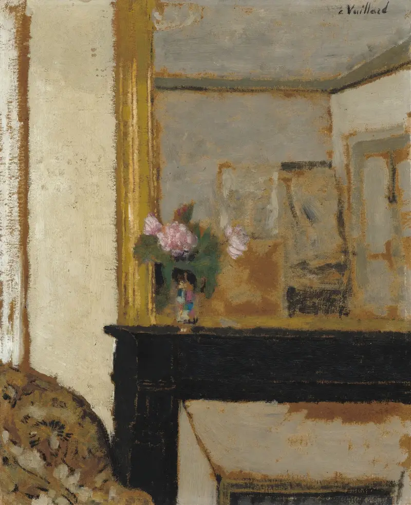 Blomsterstilleben på en spiselhylla av Édouard Vuillard