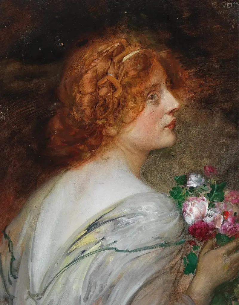 Kvinna bakifrån i profil med en bukett rosor i händerna av Eduard Veith
