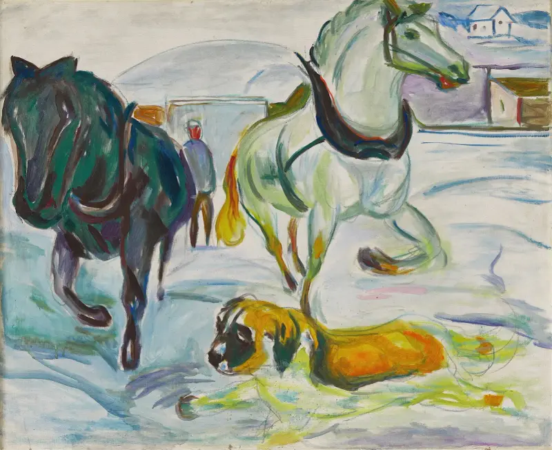 Hästspann och sankt bernhardshund i snö av Edvard Munch