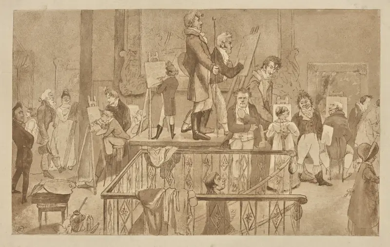 Künstler beim Malen in einer Gemäldeausstellung in der British Institution von Alfred Edward Chalon