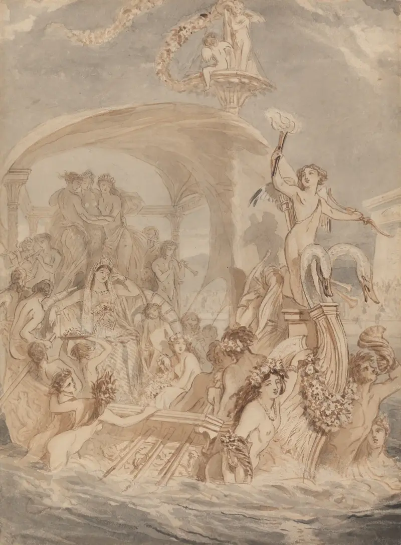 Kleopatra på Kydnos för att möta Antonius av Alfred Edward Chalon