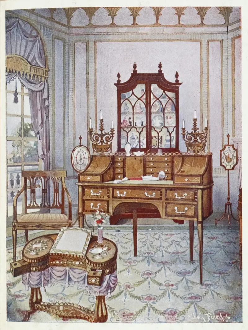 Inkrustovaný mahagonový cylindrický sekretář na porcelán a knihy, psací a kreslicí stůl ve tvaru D ze saténového dřeva, Edwin Foley