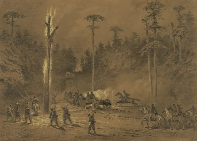 A night march. The army going into action through the woods av Edwin Forbes