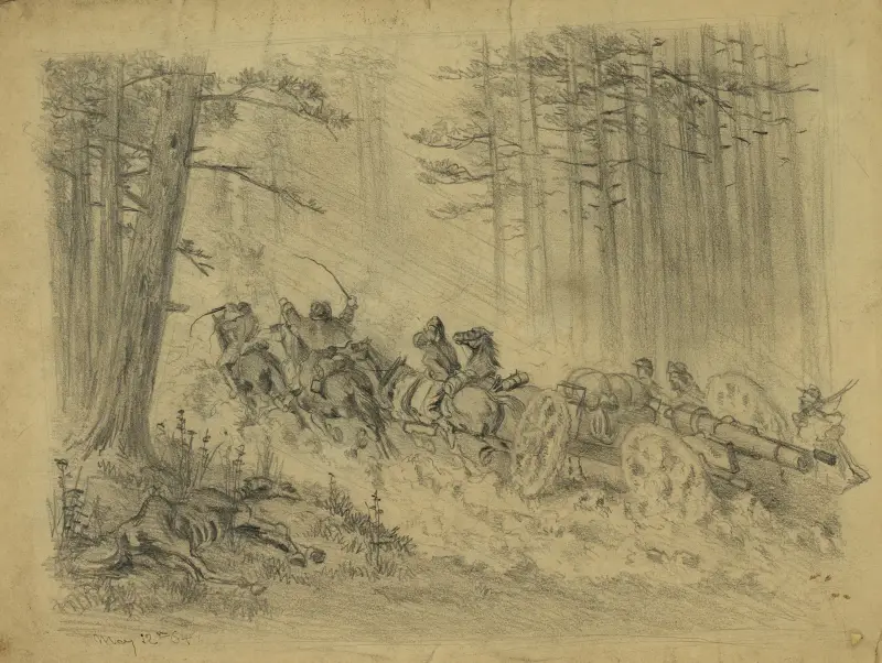 Ein stürmischer Marsch–(Artillerie)–Spotsylvania Court House von Edwin Forbes