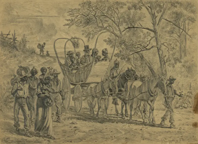 Afroamerikanska flyktingar på väg in i unionens linjer nära Culpeper Court House, Virginia av Edwin Forbes