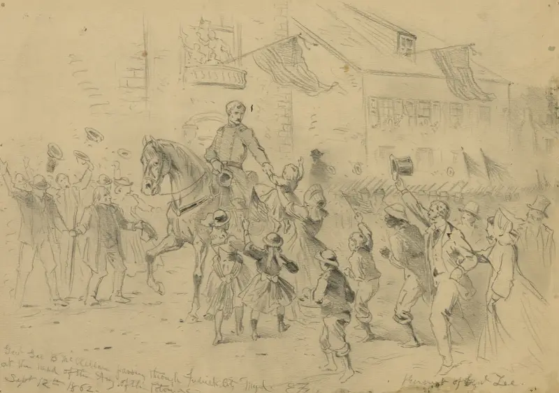General George B. McClellan rider genom Frederick City, Maryland, i spetsen för Potomac-armén. Jakten på general Lee av Edwin Forbes