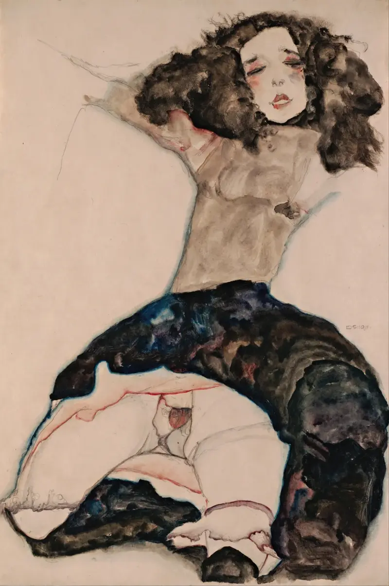 Svarthårig flicka med upplyft kjol av Egon Schiele
