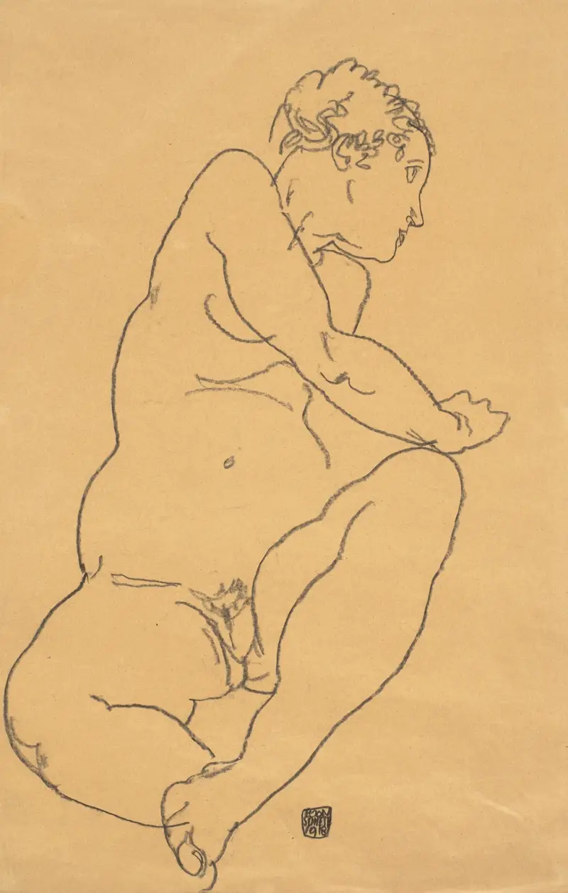 Kvinnlig akt böjd åt vänster av Egon Schiele