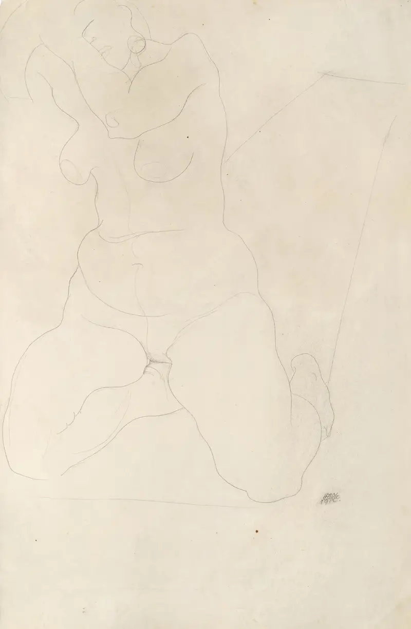 Female nude kneeling on carpet av Egon Schiele