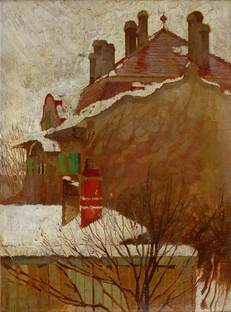 Häuser im Winter (Blick aus dem Atelier) von Egon Schiele