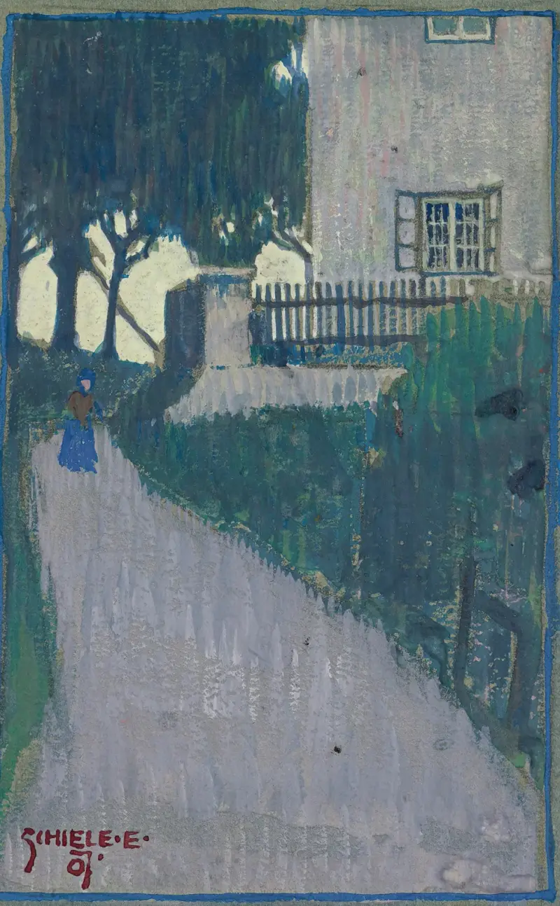 Landskap med hus, träd och kvinnlig figur av Egon Schiele