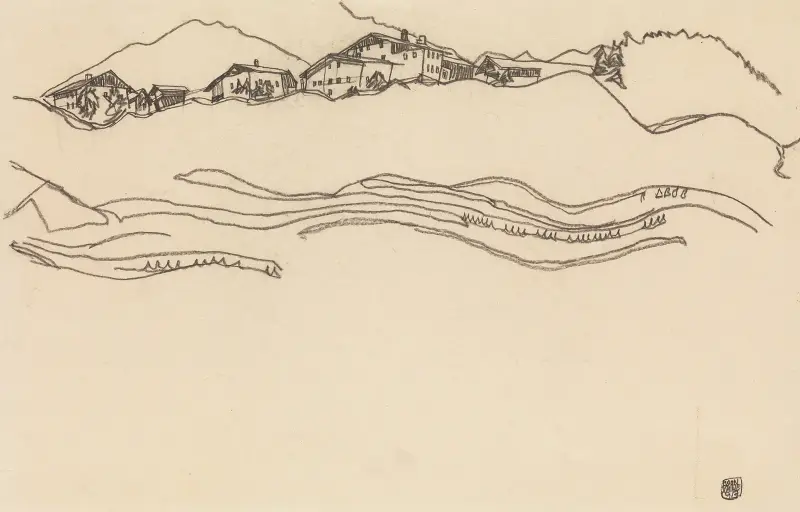 Landscape with Houses av Egon Schiele
