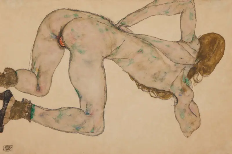 Nude Bending Over, Left Arm on Hip av Egon Schiele