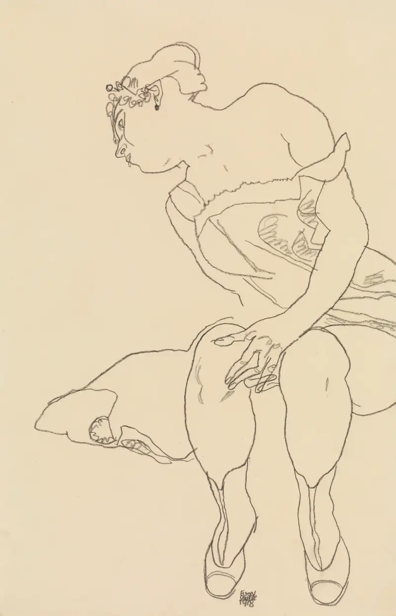 Seated Woman in Corset and Boots av Egon Schiele