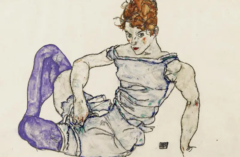 Sittande kvinna med violetta strumpor av Egon Schiele