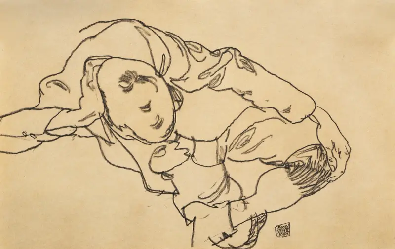Siedzący chłopiec, z góry, Egon Schiele