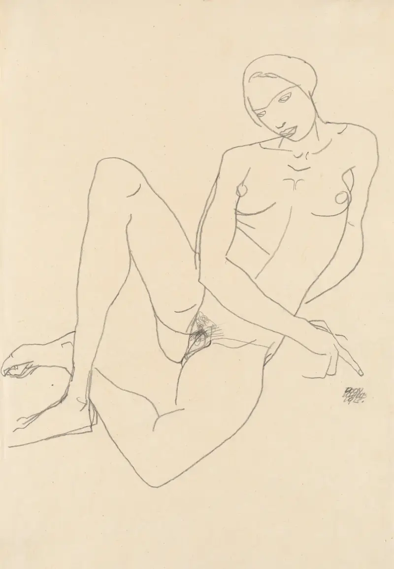 Sitzender Weiblicher Akt, mit gegrätschten Beinen av Egon Schiele
