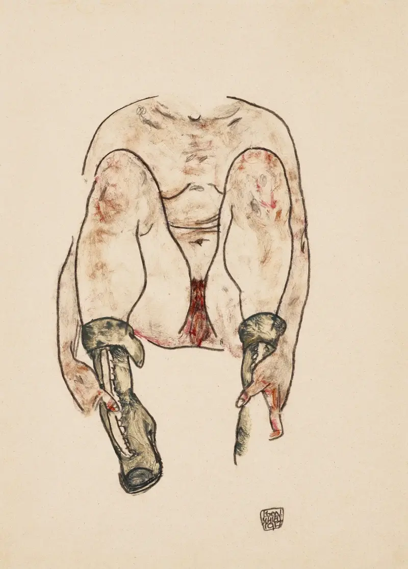 Sittande kvinnlig akt med gröna stövlar (Torso) av Egon Schiele