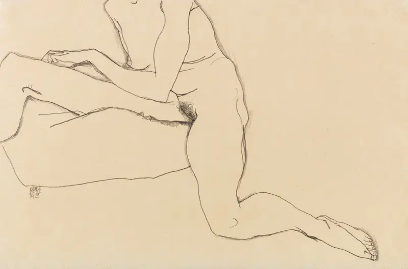 Sitzendes Mädchen mit ausgestrecktem Arm und Bein von Egon Schiele